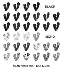 Flip-flops black icons in set collection for design. Beach shoes vector symbol stock web illustration.