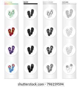 Flip-flops cartoon black monochrome outline icons in set collection for design. Beach shoes vector symbol stock web illustration.