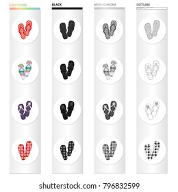 Flip-flops cartoon black monochrome outline icons in set collection for design. Beach shoes vector symbol stock web illustration.