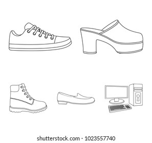 Flip-flops, clogs on a high platform and heel, green sneakers with laces, female gray ballet flats, red shoes on the tractor sole. Shoes set collection icons in outline style vector symbol stock