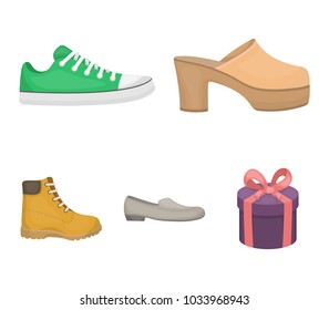 Flip-flops, clogs on a high platform and heel, green sneakers with laces, female gray ballet flats, red shoes on the tractor sole. Shoes set collection icons in cartoon style vector symbol stock