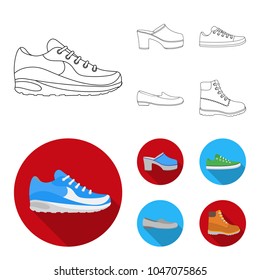 Flip-flops, clogs on a high platform and heel, green sneakers with laces, female gray ballet flats, red shoes on the tractor sole. Shoes set collection icons in outline,flat style vector symbol stock