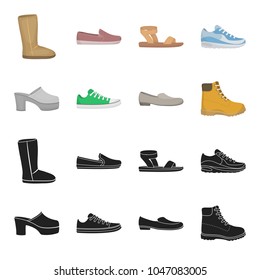 Flip-flops, clogs on a high platform and heel, green sneakers with laces, female gray ballet flats, red shoes on the tractor sole. Shoes set collection icons in black,cartoon style vector symbol stock