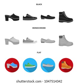 Flip-flops, clogs on a high platform and heel, green sneakers with laces, female gray ballet flats, red shoes on the tractor sole. Shoes set collection icons in black, flat, monochrome style vector