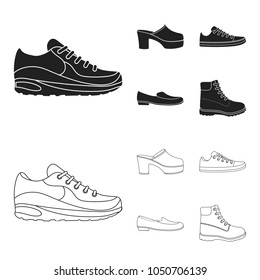 Flip-flops, clogs on a high platform and heel, green sneakers with laces, female gray ballet flats, red shoes on the tractor sole. Shoes set collection icons in black,outline style vector symbol stock