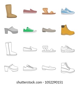 Flip-flops, clogs on a high platform and heel, green sneakers with laces, female gray ballet flats, red shoes on the tractor sole. Shoes set collection icons in cartoon,outline style vector symbol