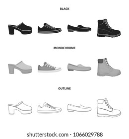 Flip-flops, clogs on a high platform and heel, green sneakers with laces, female gray ballet flats, red shoes on the tractor sole. Shoes set collection icons in black,monochrome,outline style vector