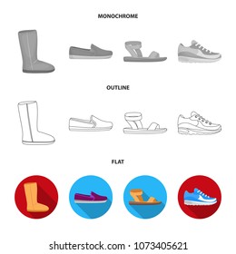 Flip-flops, clogs on a high platform and heel, green sneakers with laces, female gray ballet flats, red shoes on the tractor sole. Shoes set collection icons in flat,outline,monochrome style vector