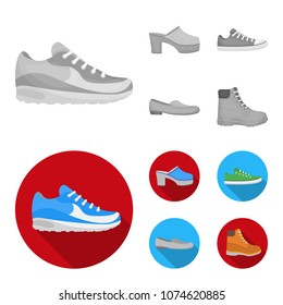 Flip-flops, clogs on a high platform and heel, green sneakers with laces, female gray ballet flats, red shoes on the tractor sole. Shoes set collection icons in monochrome,flat style vector symbol