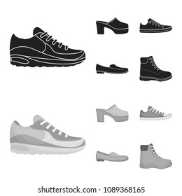 Flip-flops, clogs on a high platform and heel, green sneakers with laces, female gray ballet flats, red shoes on the tractor sole. Shoes set collection icons in black,monochrom style vector symbol