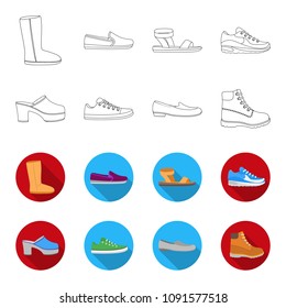 Flip-flops, clogs on a high platform and heel, green sneakers with laces, female gray ballet flats, red shoes on the tractor sole. Shoes set collection icons in outline,flat style vector symbol stock