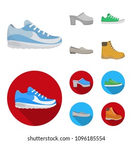 Flip-flops, clogs on a high platform and heel, green sneakers with laces, female gray ballet flats, red shoes on the tractor sole. Shoes set collection icons in cartoon,flat style vector symbol stock