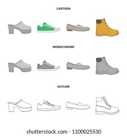 Flip-flops, clogs on a high platform and heel, green sneakers with laces, female gray ballet flats, red shoes on the tractor sole. Shoes set collection icons in cartoon,outline,monochrome style vector