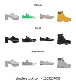 Flip-flops, clogs on a high platform and heel, green sneakers with laces, female gray ballet flats, red shoes on the tractor sole. Shoes set collection icons in cartoon,black,monochrome style vector