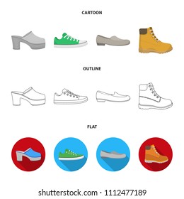 Flip-flops, clogs on a high platform and heel, green sneakers with laces, female gray ballet flats, red shoes on the tractor sole. Shoes set collection icons in cartoon,outline,flat style vector