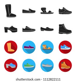 Flip-flops, clogs on a high platform and heel, green sneakers with laces, female gray ballet flats, red shoes on the tractor sole. Shoes set collection icons in black,flet style vector symbol stock