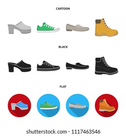Flip-flops, clogs on a high platform and heel, green sneakers with laces, female gray ballet flats, red shoes on the tractor sole. Shoes set collection icons in cartoon,black,flat style vector symbol