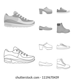 Flip-flops, clogs on a high platform and heel, green sneakers with laces, female gray ballet flats, red shoes on the tractor sole. Shoes set collection icons in outline,monochrome style vector symbol