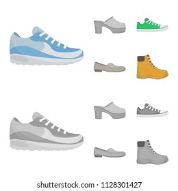 Flip-flops, clogs on a high platform and heel, green sneakers with laces, female gray ballet flats, red shoes on the tractor sole. Shoes set collection icons in cartoon,monochrome style vector symbol