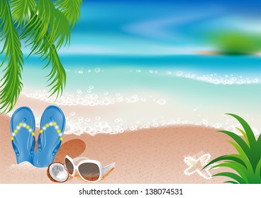 Flip-flops, coconut, and sun glasses on the beach. Vector illustration.