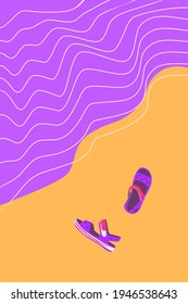 Flip-flops on a sandy ocean beach. Kids sandals near the sea. Summer vacation vector illustration. Abstract background of shore and waves