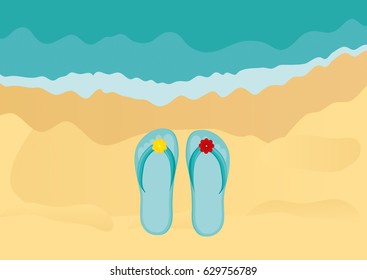 Flip-flops on a sandy ocean beach. Vector. Empty space for text or advertising.