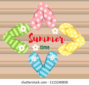 Flip-flops on the wooden plank. Vector illustration.