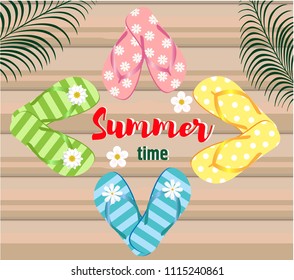 Flip-flops on the wooden plank. Vector illustration.