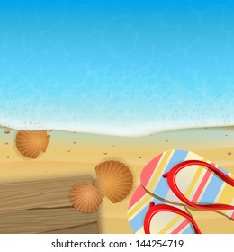 flip-flops on wooden planks on the beach.
