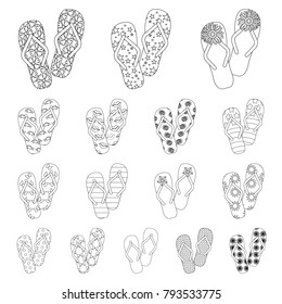 Flip-flops outline icons in set collection for design. Beach shoes vector symbol stock web illustration.