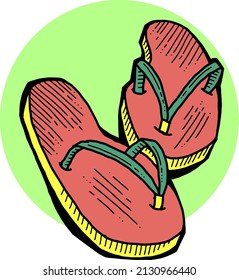 Flipflops pair for hot summer seashore and relax on the hot beach sand. Comfortable outdoor sandal shoes for holiday. Hand drawn retro vintage vector illustration. Old style cartoon comics drawing.