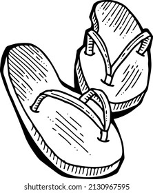 Flipflops pair for hot summer seashore and relax on the hot beach sand. Comfortable outdoor sandal shoes for holiday. Hand drawn retro vintage monochrome vector illustration. Old style comics drawing.
