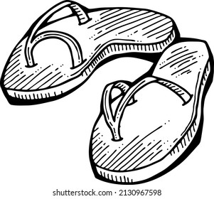 Flipflops pair for hot summer seashore and relax on the hot beach sand. Comfortable outdoor sandal shoes for holiday. Hand drawn retro vintage monochrome vector illustration. Old style comics drawing.