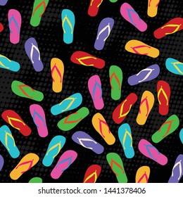 Flip-flops pattern design on black background, vector illustration. Flip-flops print for textile design