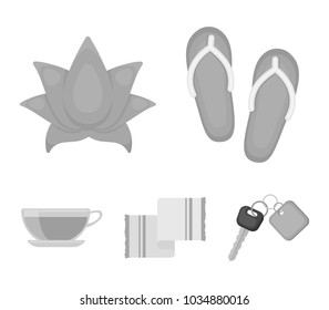 Flip-flops for the pool, lotus flower with petals, yellow towel with fringe, cup with tea, drink. Spa set collection icons in monochrome style vector symbol stock illustration web.