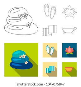 Flip-flops for the pool, lotus flower with petals, yellow towel with fringe, cup with tea, drink. Spa set collection icons in outline,flat style vector symbol stock illustration web.