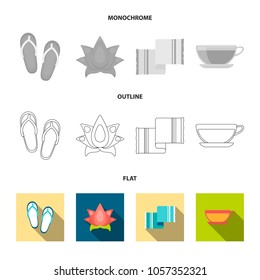 Flip-flops for the pool, lotus flower with petals, yellow towel with fringe, cup with tea, drink. Spa set collection icons in flat,outline,monochrome style vector symbol stock illustration web.