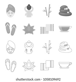 Flip-flops for the pool, lotus flower with petals, yellow towel with fringe, cup with tea, drink. Spa set collection icons in outline,monochrome style vector symbol stock illustration web.