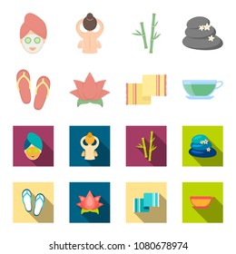 Flip-flops for the pool, lotus flower with petals, yellow towel with fringe, cup with tea, drink. Spa set collection icons in cartoon,flat style vector symbol stock illustration web.