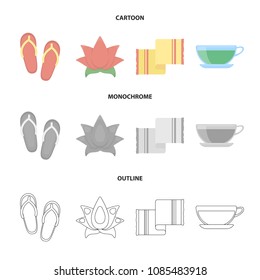 Flip-flops for the pool, lotus flower with petals, yellow towel with fringe, cup with tea, drink. Spa set collection icons in cartoon,outline,monochrome style vector symbol stock illustration web.