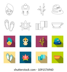 Flip-flops for the pool, lotus flower with petals, yellow towel with fringe, cup with tea, drink. Spa set collection icons in outline,flat style vector symbol stock illustration web.