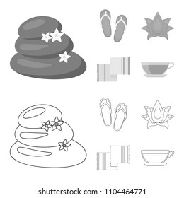 Flip-flops for the pool, lotus flower with petals, yellow towel with fringe, cup with tea, drink. Spa set collection icons in outline,monochrome style vector symbol stock illustration web.