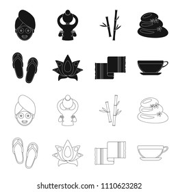 Flip-flops for the pool, lotus flower with petals, yellow towel with fringe, cup with tea, drink. Spa set collection icons in black,outline style vector symbol stock illustration web.