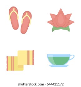 Flip-flops for the pool, lotus flower with petals, yellow towel with fringe, cup with tea, drink. Spa set collection icons in cartoon style vector symbol stock illustration web.