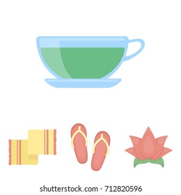 Flip-flops for the pool, lotus flower with petals, yellow towel with fringe, cup with tea, drink. Spa set collection icons in cartoon style vector symbol stock illustration web.