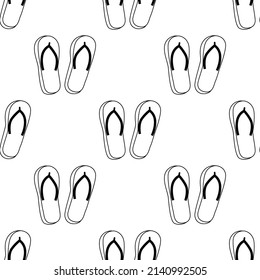 Flip-flops seamless doodle pattern. Black and white vector illustration