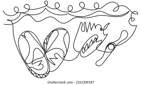 Flip-flops, a seashell and a watch by the sea in one line on a white background. The concept of water recreation and tourism. Stock vector image.