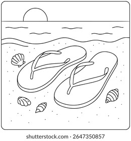 Flip-Flops and Seashells on Beach – Summer Sunset Coloring Page for Kids