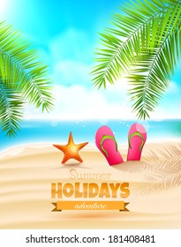 Flip-flops and seastar on the beach - Summer holidays background