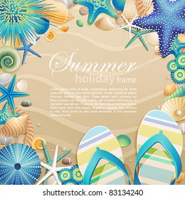 Flip-flops and shells frame on the beach. Vector illustration.